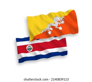 Banderas de olas de tela vectorial nacional de la República de Costa Rica y el Reino de Bhután aisladas en fondo blanco. de 1 a 2.