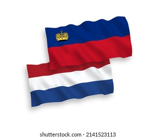 Banderas de ondas de tela vectorial nacionales de Liechtenstein y los Países Bajos aisladas en fondo blanco. de 1 a 2.