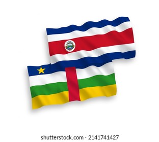National vector fabric wave flags of Republic of Costa Rica and Central African Republic isolated on white background. 1 to 2 proportion.