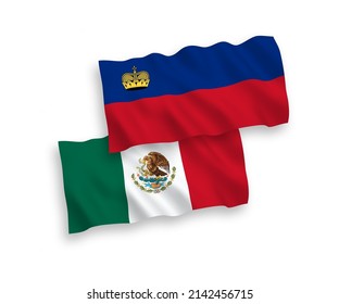 National vector fabric wave flags of Mexico and Liechtenstein isolated on white background. 1 to 2 proportion.