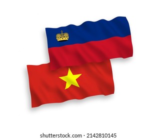 National vector fabric wave flags of Liechtenstein and Vietnam isolated on white background. 1 to 2 proportion.