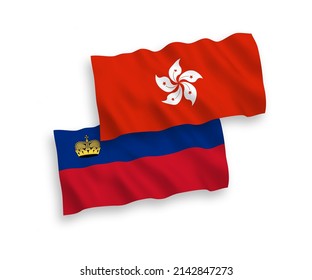 Banderas de ondas de tela vectorial nacionales de Liechtenstein y Hong Kong aisladas en fondo blanco. de 1 a 2.