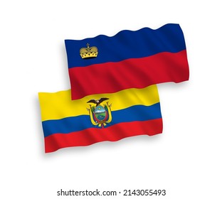 National vector fabric wave flags of Liechtenstein and Ecuador isolated on white background. 1 to 2 proportion.