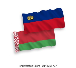 National vector fabric wave flags of Liechtenstein and Belarus isolated on white background. 1 to 2 proportion.