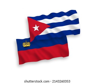 National vector fabric wave flags of Liechtenstein and Cuba isolated on white background. 1 to 2 proportion.