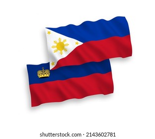 National vector fabric wave flags of Liechtenstein and Philippines isolated on white background. 1 to 2 proportion.
