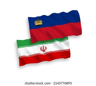 National vector fabric wave flags of Liechtenstein and Iran isolated on white background. 1 to 2 proportion.