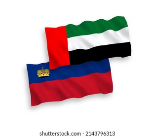 Banderas de ondulación de tela vectorial nacional de Liechtenstein y los Emiratos Árabes Unidos aisladas sobre fondo blanco. de 1 a 2.