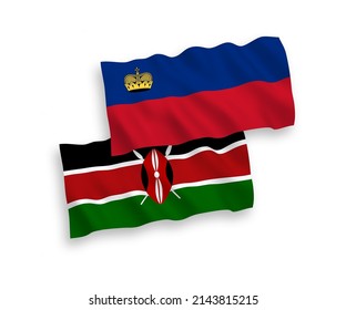 National vector fabric wave flags of Liechtenstein and Kenya isolated on white background. 1 to 2 proportion.