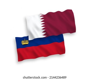 National vector fabric wave flags of Liechtenstein and Qatar isolated on white background. 1 to 2 proportion.