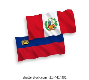 Banderas de ondulación de tela vectorial nacional de Liechtenstein y el Perú aisladas sobre fondo blanco. de 1 a 2.