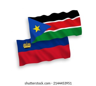 National vector fabric wave flags of Liechtenstein and Republic of South Sudan isolated on white background. 1 to 2 proportion.