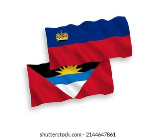 Nationale Vektor-Wellen-Flaggen von Liechtenstein und Antigua und Barbuda einzeln auf weißem Hintergrund. 1 bis 2 %.