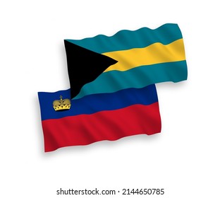 Nationale Vektor-Wellen-Flaggen von Liechtenstein und Commonwealth of the Bahamas einzeln auf weißem Hintergrund. 1 bis 2 %.