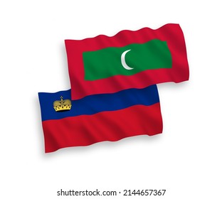 National vector fabric wave flags of Liechtenstein and Maldives isolated on white background. 1 to 2 proportion.