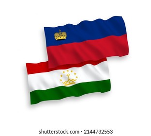 Banderas de ondulación de tela vectorial nacional de Liechtenstein y Tayikistán aisladas sobre fondo blanco. de 1 a 2.