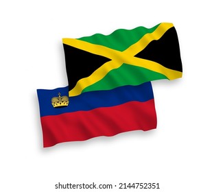 Banderas de ondulación de tela vectorial nacional de Liechtenstein y Jamaica aisladas sobre fondo blanco. de 1 a 2.