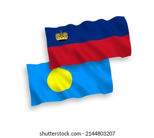 Banderas de ondas de tela vectorial nacionales de Liechtenstein y Palau aisladas en fondo blanco. de 1 a 2.