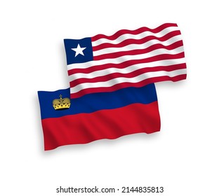 National vector fabric wave flags of Liechtenstein and Liberia isolated on white background. 1 to 2 proportion.