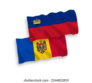 National vector fabric wave flags of Liechtenstein and Moldova isolated on white background. 1 to 2 proportion.