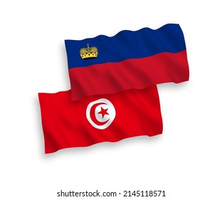 National vector fabric wave flags of Liechtenstein and Republic of Tunisia isolated on white background. 1 to 2 proportion.