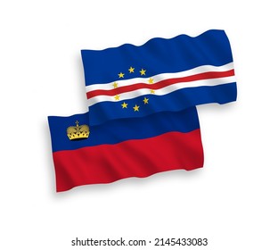 National vector fabric wave flags of Liechtenstein and Republic of Cabo Verde isolated on white background. 1 to 2 proportion.