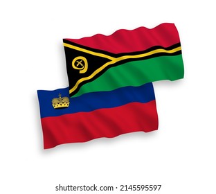 National vector fabric wave flags of Liechtenstein and Republic of Vanuatu isolated on white background. 1 to 2 proportion.