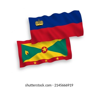 National vector fabric wave flags of Liechtenstein and Grenada isolated on white background. 1 to 2 proportion.