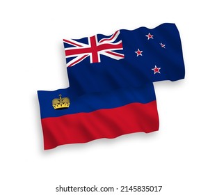 National vector fabric wave flags of Liechtenstein and New Zealand isolated on white background. 1 to 2 proportion.