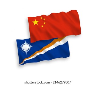 National vector fabric wave flags of Republic of the Marshall Islands and China isolated on white background 1 to 2 proportion.