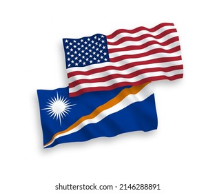 National vector fabric wave flags of Republic of the Marshall Islands and USA isolated on white background. 1 to 2 proportion.