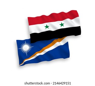 National vector fabric wave flags of Republic of the Marshall Islands and Syria isolated on white background. 1 to 2 proportion.