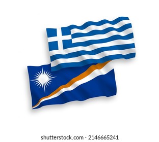 Banderas de olas de tela vectorial nacional de Grecia y la República de las Islas Marshall aisladas en fondo blanco. de 1 a 2.