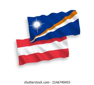 National vector fabric wave flags of Austria and Republic of the Marshall Islands isolated on white background. 1 to 2 proportion.