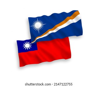 National vector fabric wave flags of Republic of the Marshall Islands and Taiwan isolated on white background. 1 to 2 proportion.