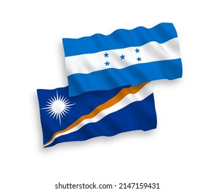 National vector fabric wave flags of Republic of the Marshall Islands and Honduras isolated on white background. 1 to 2 proportion.