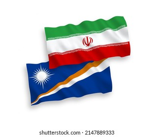 National vector fabric wave flags of Republic of the Marshall Islands and Iran isolated on white background. 1 to 2 proportion.