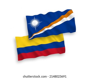 National vector fabric wave flags of Republic of the Marshall Islands and Colombia isolated on white background. 1 to 2 proportion.