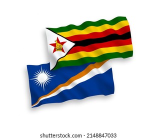 National vector fabric wave flags of Republic of the Marshall Islands and Zimbabwe isolated on white background. 1 to 2 proportion.