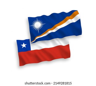 National vector fabric wave flags of Republic of the Marshall Islands and Chile isolated on white background. 1 to 2 proportion.