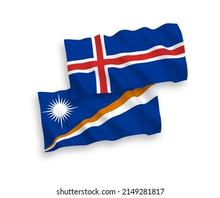 National vector fabric wave flags of Republic of the Marshall Islands and Iceland isolated on white background. 1 to 2 proportion.