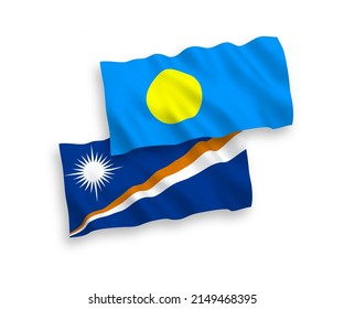 National vector fabric wave flags of Republic of the Marshall Islands and Palau isolated on white background. 1 to 2 proportion.