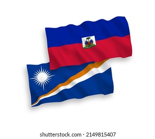 National vector fabric wave flags of Republic of the Marshall Islands and Republic of Haiti isolated on white background. 1 to 2 proportion.