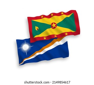 National vector fabric wave flags of Republic of the Marshall Islands and Grenada isolated on white background. 1 to 2 proportion.