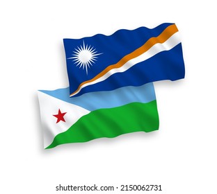 National vector fabric wave flags of Republic of the Marshall Islands and Republic of Djibouti isolated on white background. 1 to 2 proportion.
