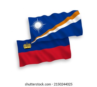 National vector fabric wave flags of Republic of the Marshall Islands and Liechtenstein isolated on white background. 1 to 2 proportion.