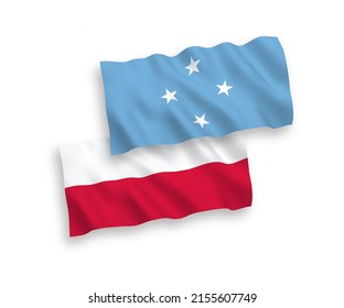 National vector fabric wave flags of Federated States of Micronesia and Poland isolated on white background. 1 to 2 proportion.