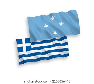 National vector fabric wave flags of Greece and Federated States of Micronesia isolated on white background. 1 to 2 proportion.