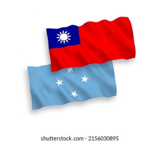 National vector fabric wave flags of Federated States of Micronesia and Taiwan isolated on white background. 1 to 2 proportion.