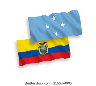 National vector fabric wave flags of Federated States of Micronesia and Ecuador isolated on white background. 1 to 2 proportion.